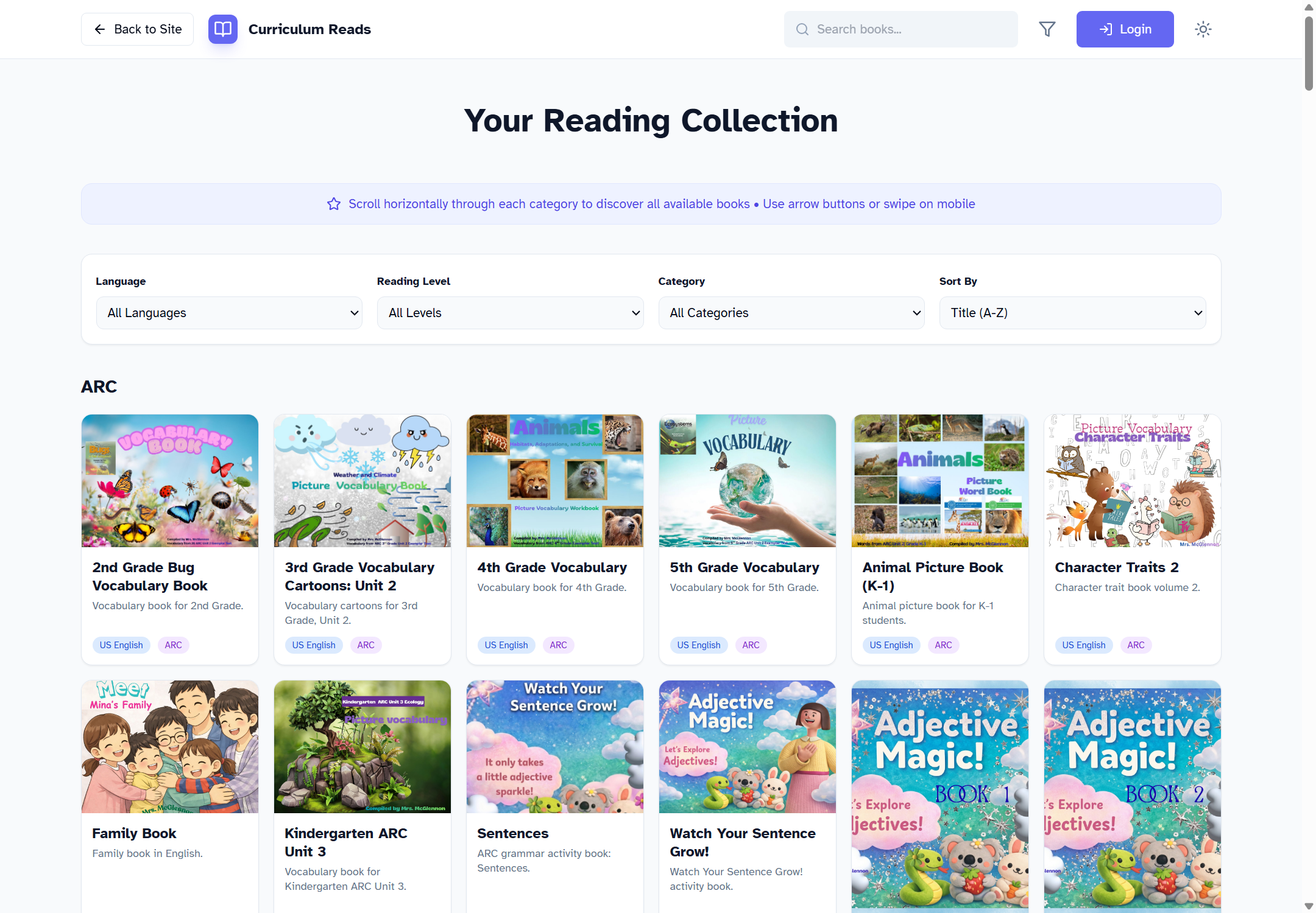 Curriculum Reads library page showing search, filters, and rows of book covers organized by category
