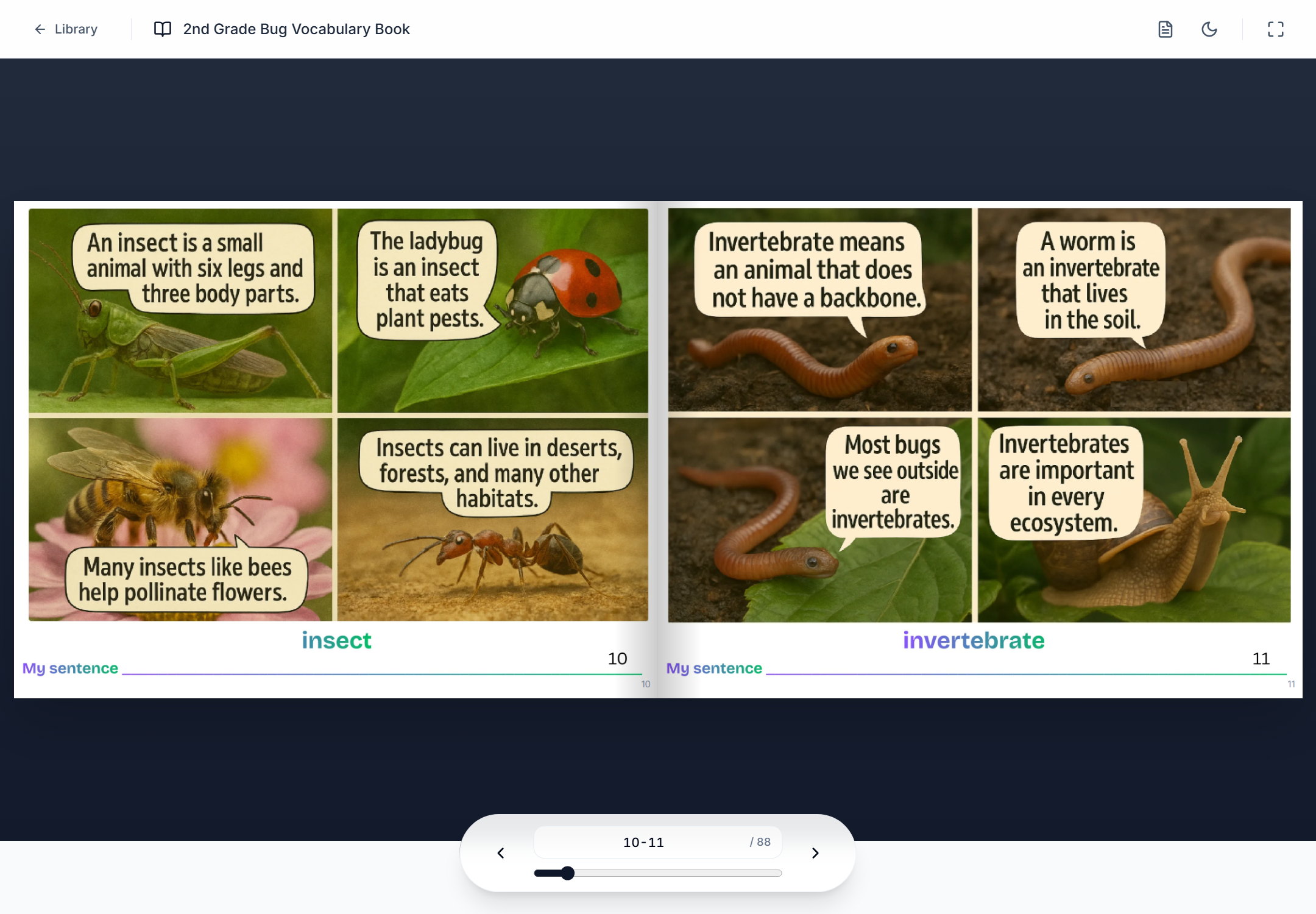 Curriculum Reads book open in the viewer, showing a two-page spread with page navigation controls at the bottom