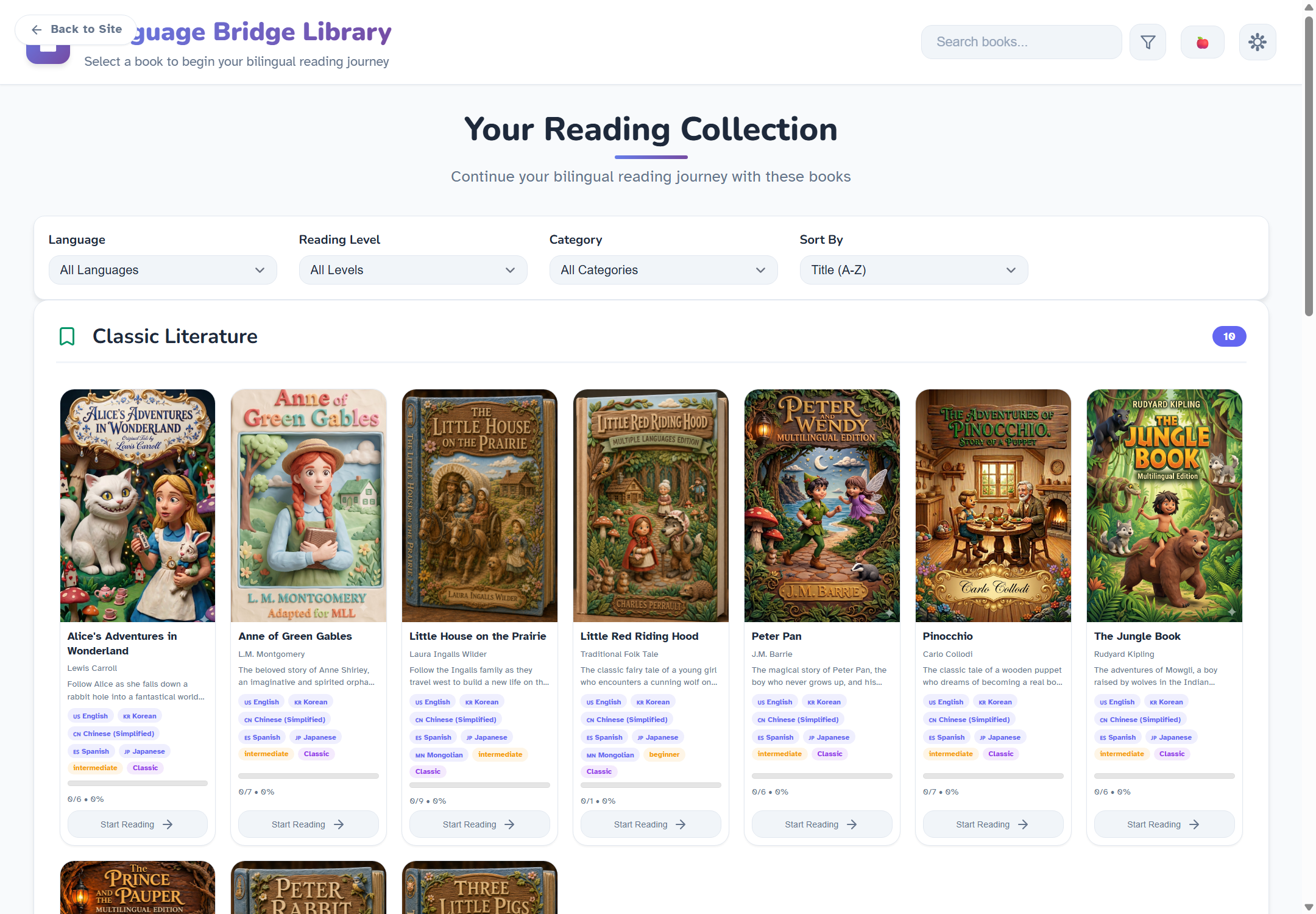 Language Bridge library page showing search, filters, and rows of book covers organized by category