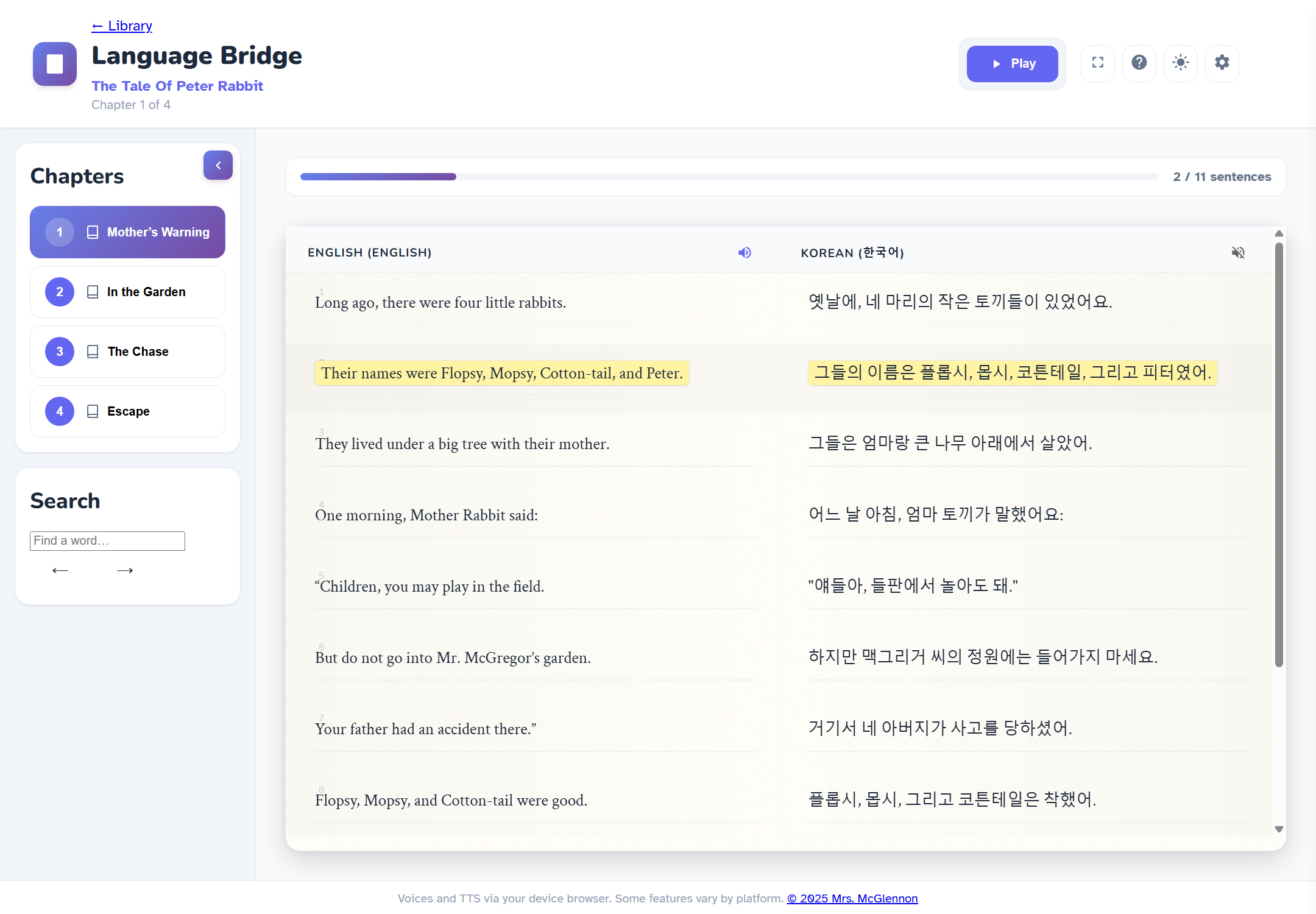 Language Bridge reading screen showing English and Korean text side by side with a highlighted sentence, chapters list, and search panel