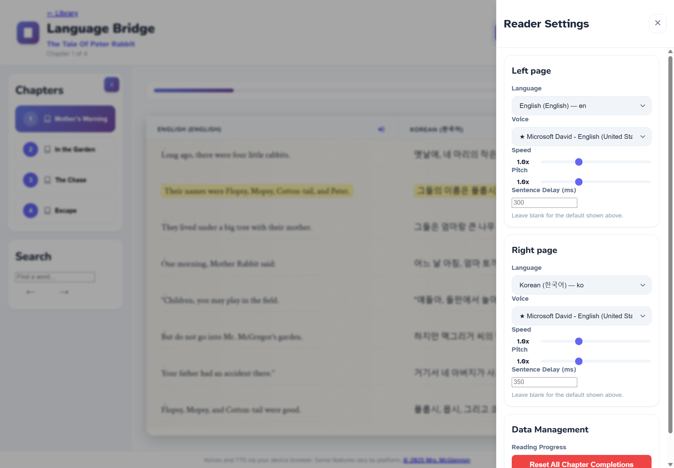 Reader Settings drawer with language, voice, speed, pitch, and sentence delay controls for the left and right page
