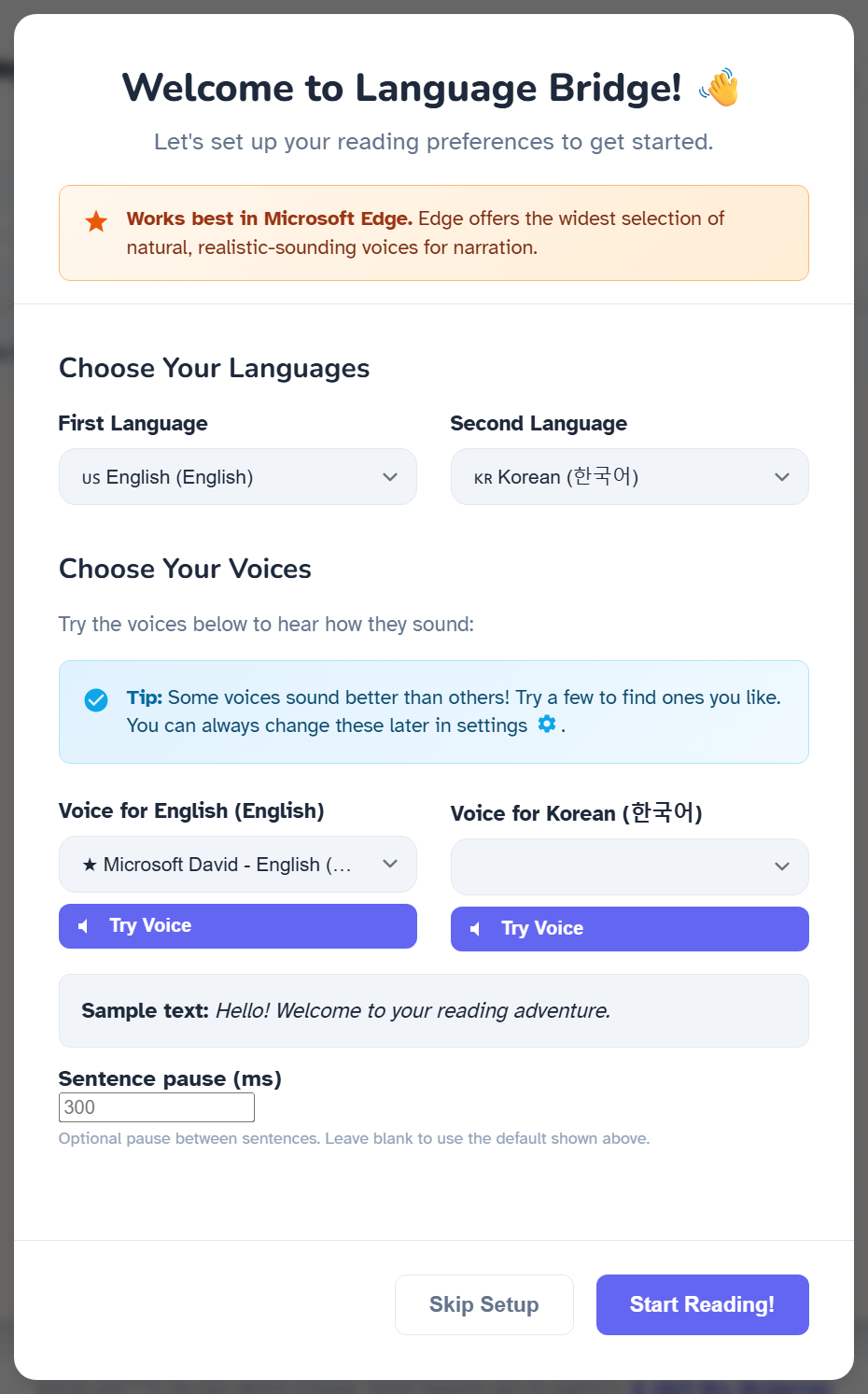 Welcome to Language Bridge first-time setup dialog with language and voice pickers